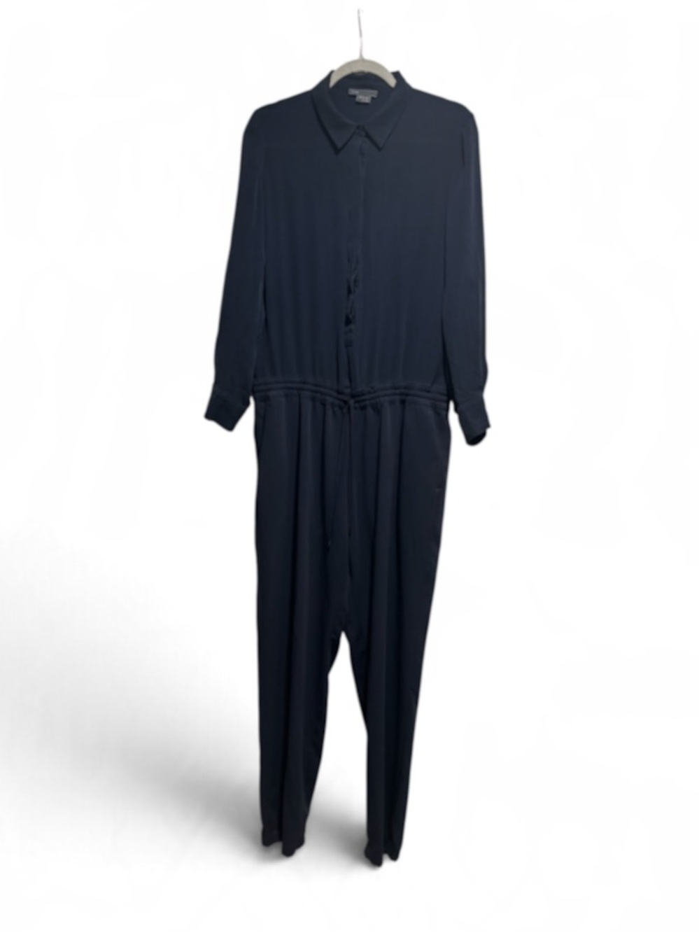 Vince Navy Silky Collared Drawstring Waist Jumpsuit Size 12 Elegant Chic - Picture 2 of 11